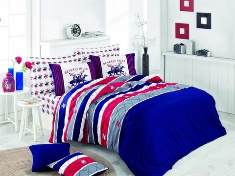 Lenjerie de pat dubla king size, Beverly Hills Polo Club, BHPC 011 – Dark Blue, 3 piese, bumbac ranforce, multicolor 011