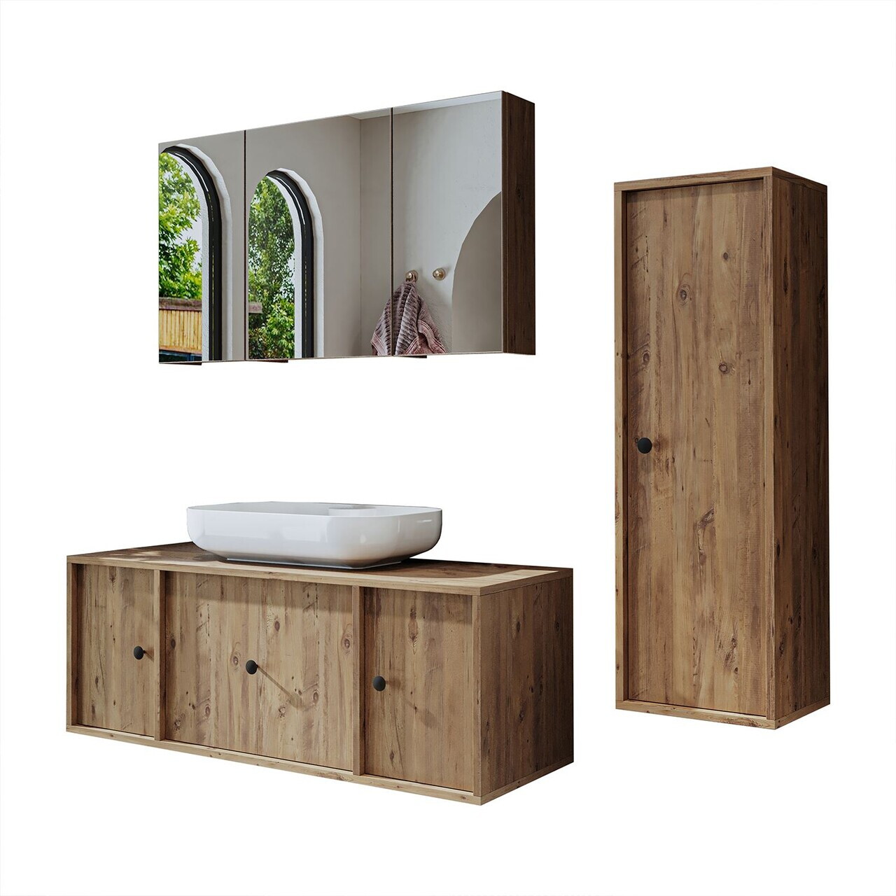Set Dulap de Baie cu Chiuvetă și Oglindă (3 Piese), Hanah Home, 2577, MDF, Maro — imaginea 6