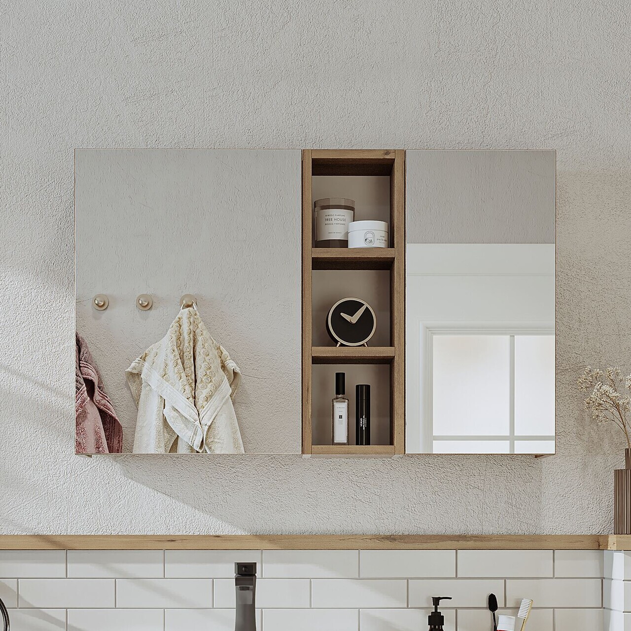 Dulap de baie cu oglindă, Hanah Home, 2463, 95x60x16 cm, MDF, Maro