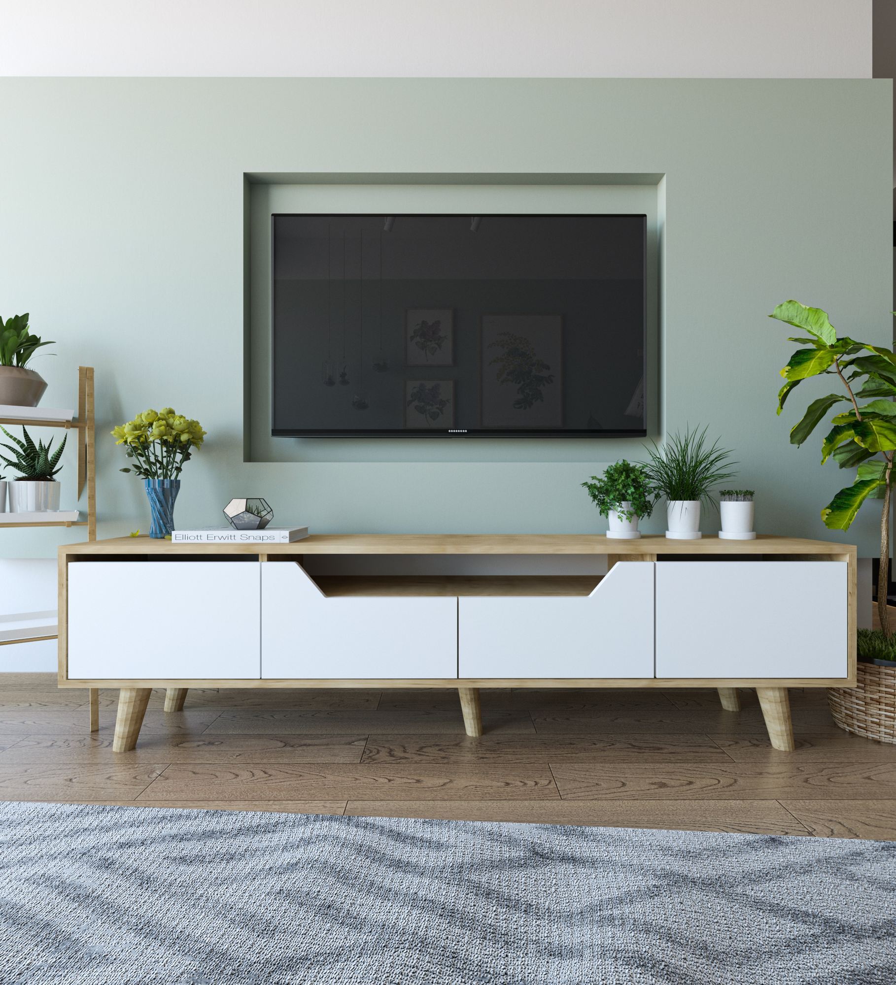 Comoda TV, Hanah Home, Roma 180, 180x48x29.8 cm, PAL, Stejar Safir / Alb