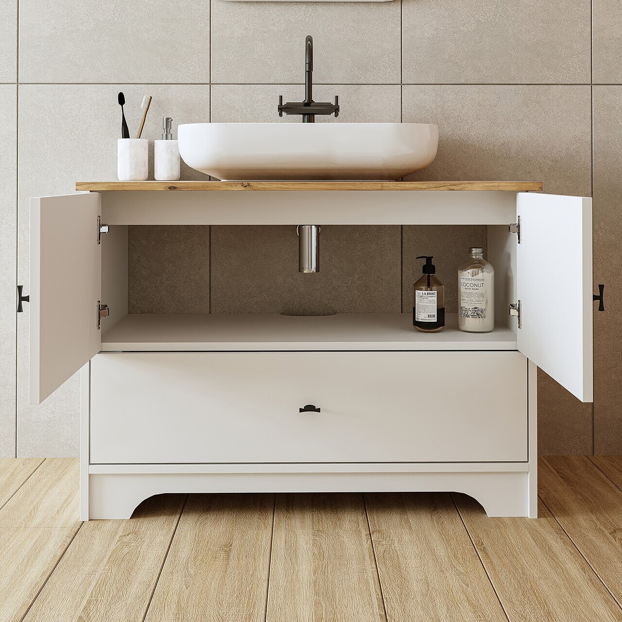 Dulap de baie cu chiuvetă, Hanah Home, 2381, 99.5x72x45 cm, MDF-LAM, Alb mat — imaginea 4
