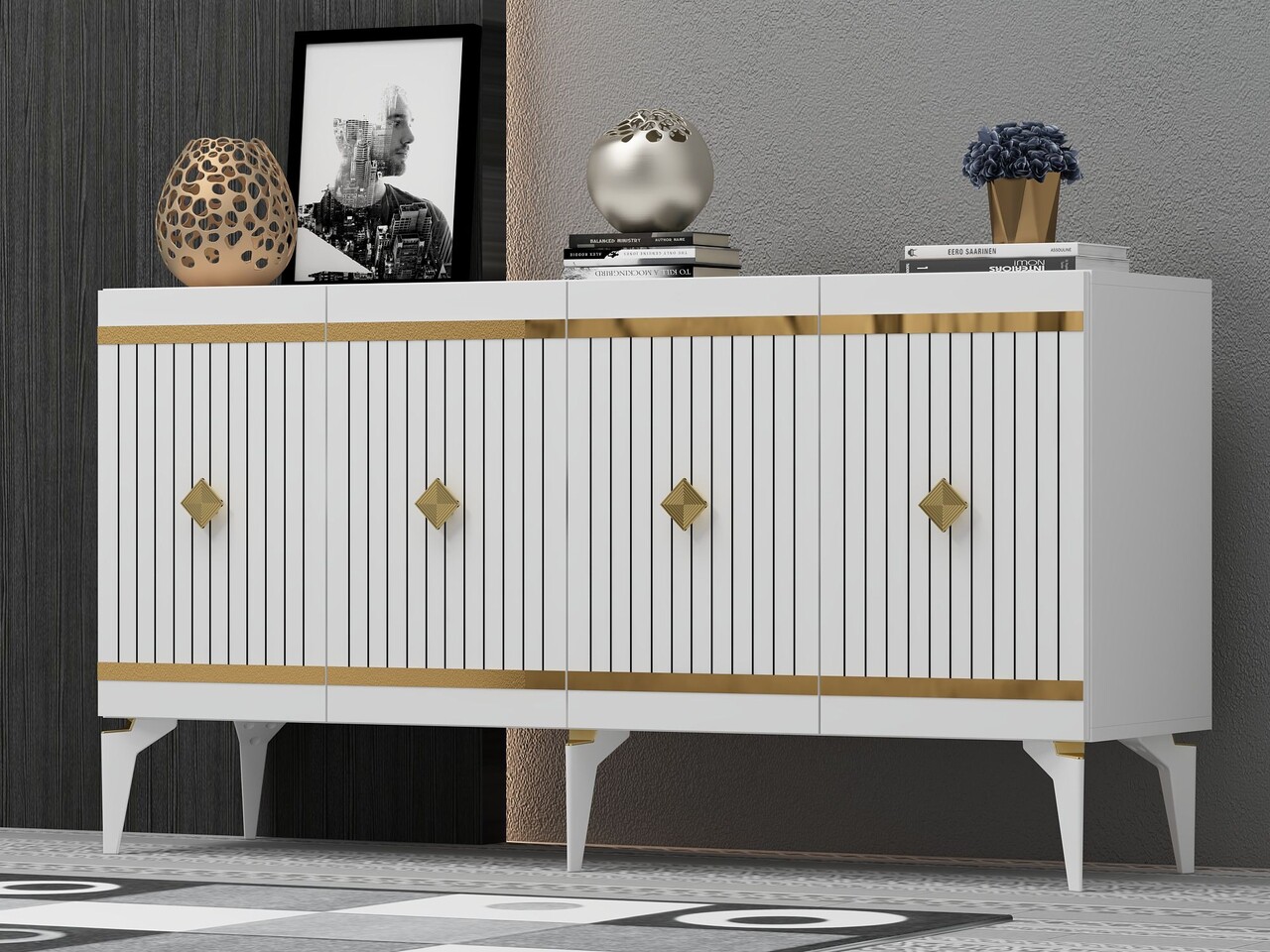 Consola, Hanah Home, Lenora, 150x79x40 cm, PAL , Alb/Auriu - view 2