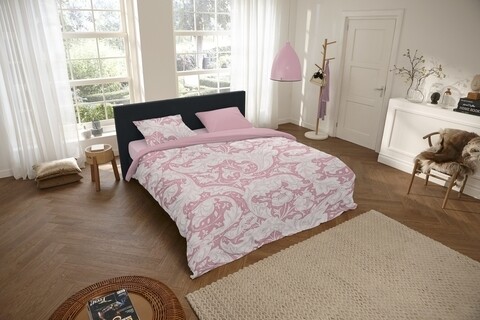 Lenjerie de pat pentru doua persoane Descanso Birza, 100% bumbac satinat, 3 piese, roz