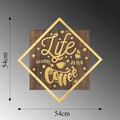 Decoratiune de perete, Life Begins After Coffee, 50% lemn/50% metal, Dimensiune: 54 x 54 cm, Nuc / Aur