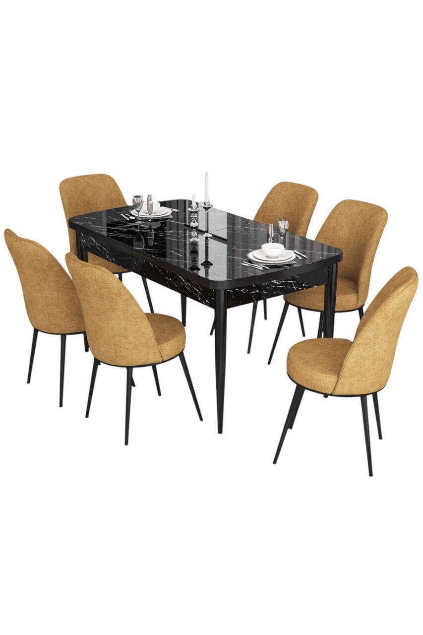 Set masa extensibila si scaune (7 piese), Hanah Home, Kor, Model de marmură neagră / Cappuccino — imaginea 2