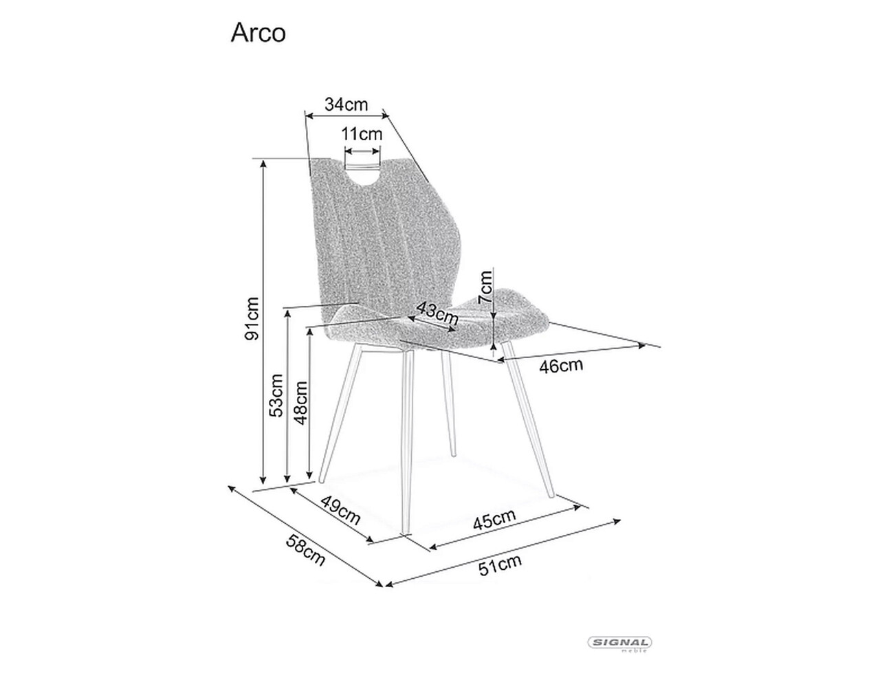 Scaun Arco Velvet, Signal, 51x46x91 cm, catifea/otel, gri deschis/negru