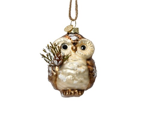 Glob Owl w pinecone, Decoris, 8.5x10 cm, sticla, maro