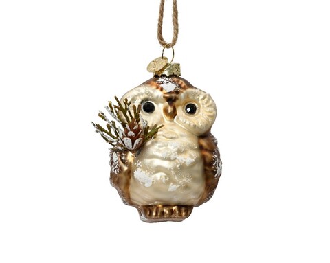 Glob owl w pinecone, decoris, 8.5x10 cm, sticla, maro