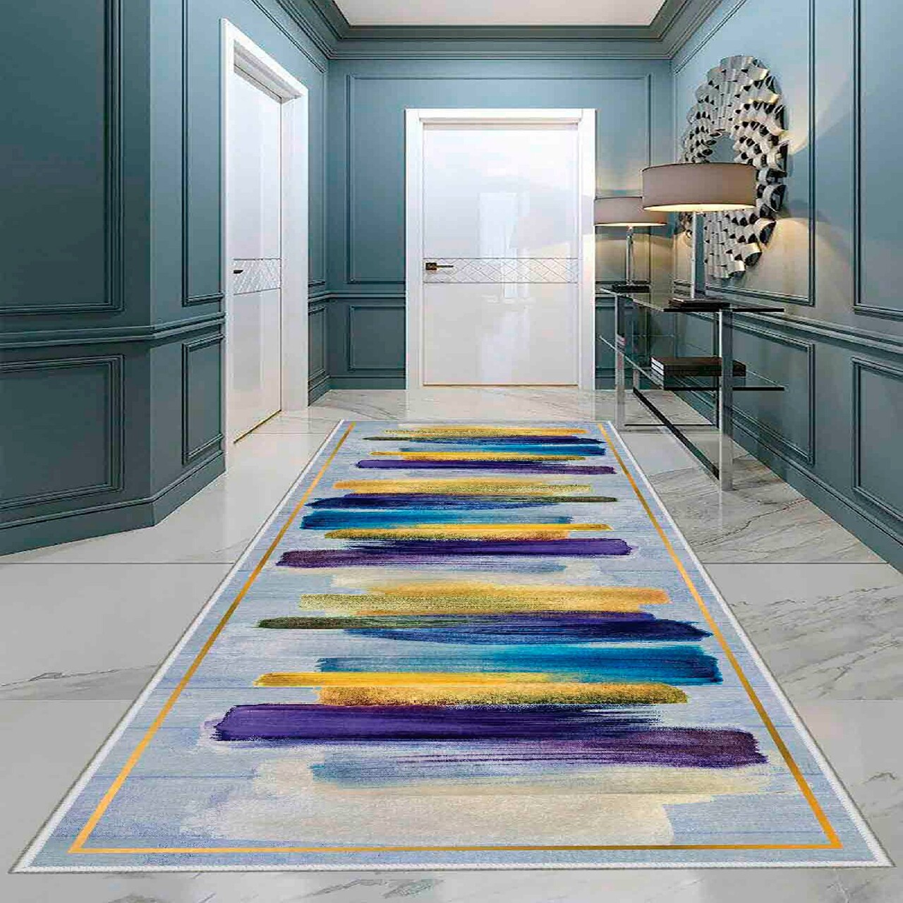 Covor, Wooylk0102, 100x400 cm, Auriu / Albastru / Mov / Gri