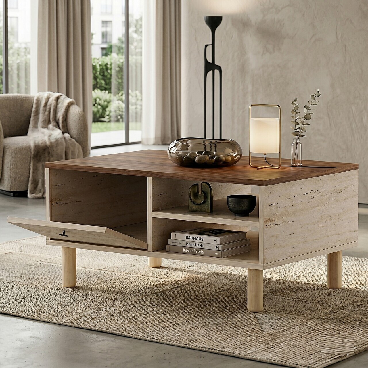 Masuta de cafea, Hanah Home, Aris, 90x38.8x60 cm, Travertin / Nuc Venezia — imaginea 2