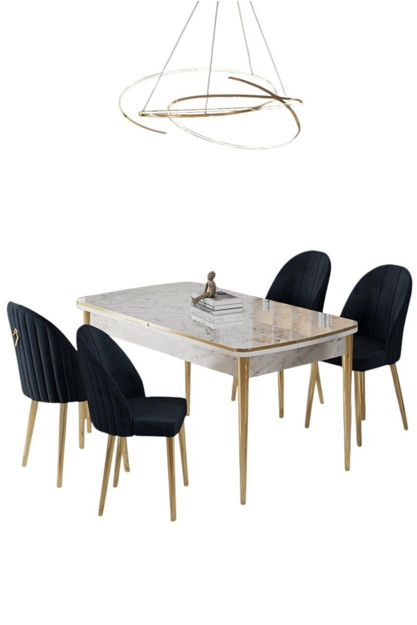 Set masa extensibila si scaune (5 piese), Hanah Home, Rada, Model de marmură albă / Auriu / Antracit — imaginea 2