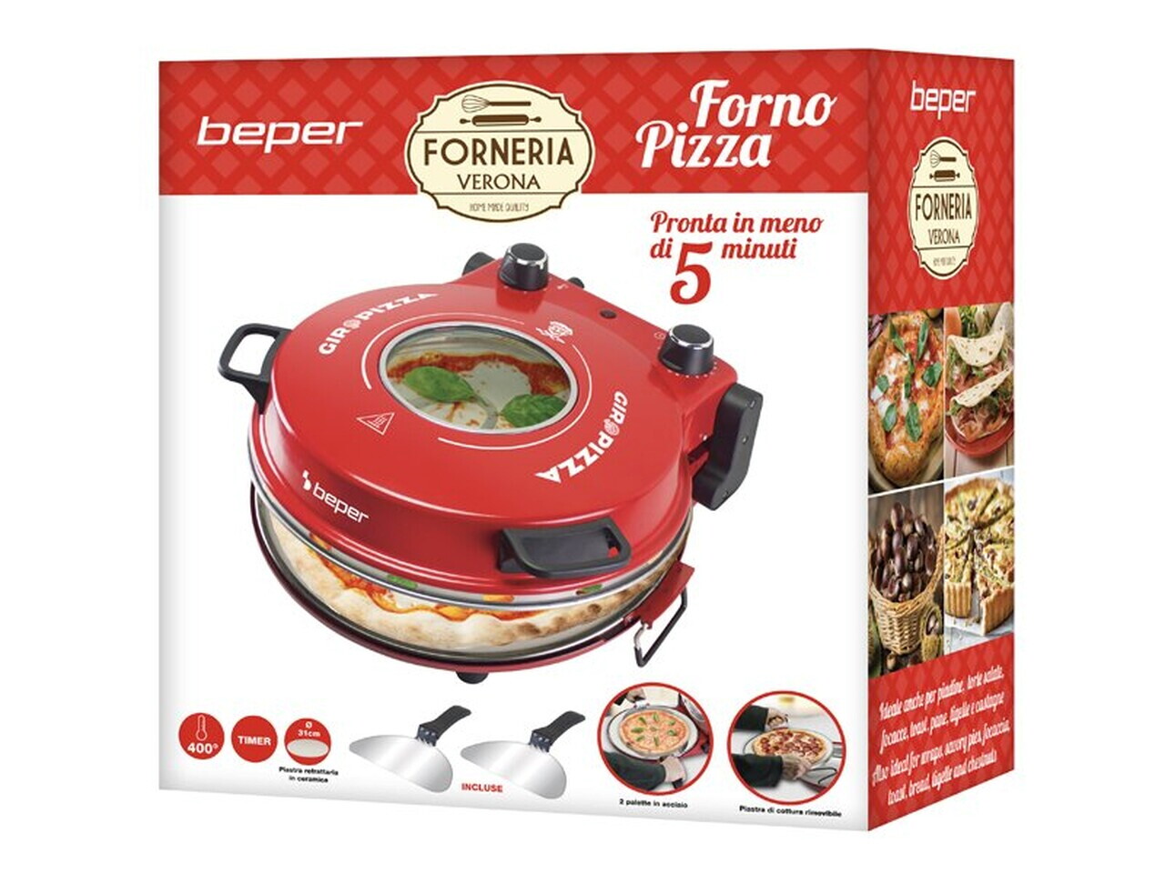Cuptor electric pizza Beper, 36x35x17.5 cm, 1200W, 5 trepte, ceramica/inox, rosu - view 8