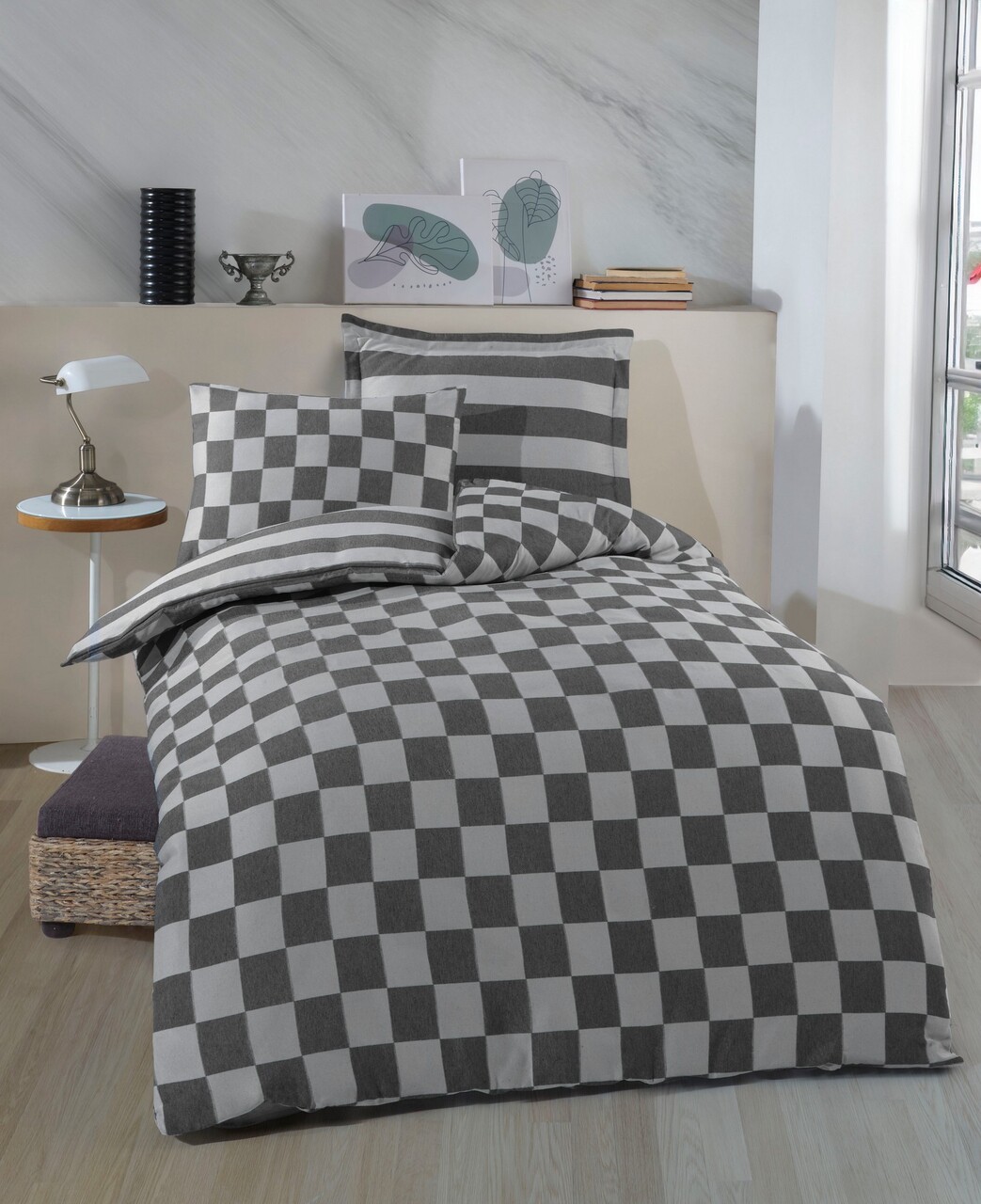 Lenjerie de pat pentru o persoana 2 piese, Kareli Saten - Black, EnLora Home, 70% bumbac/30% poliester