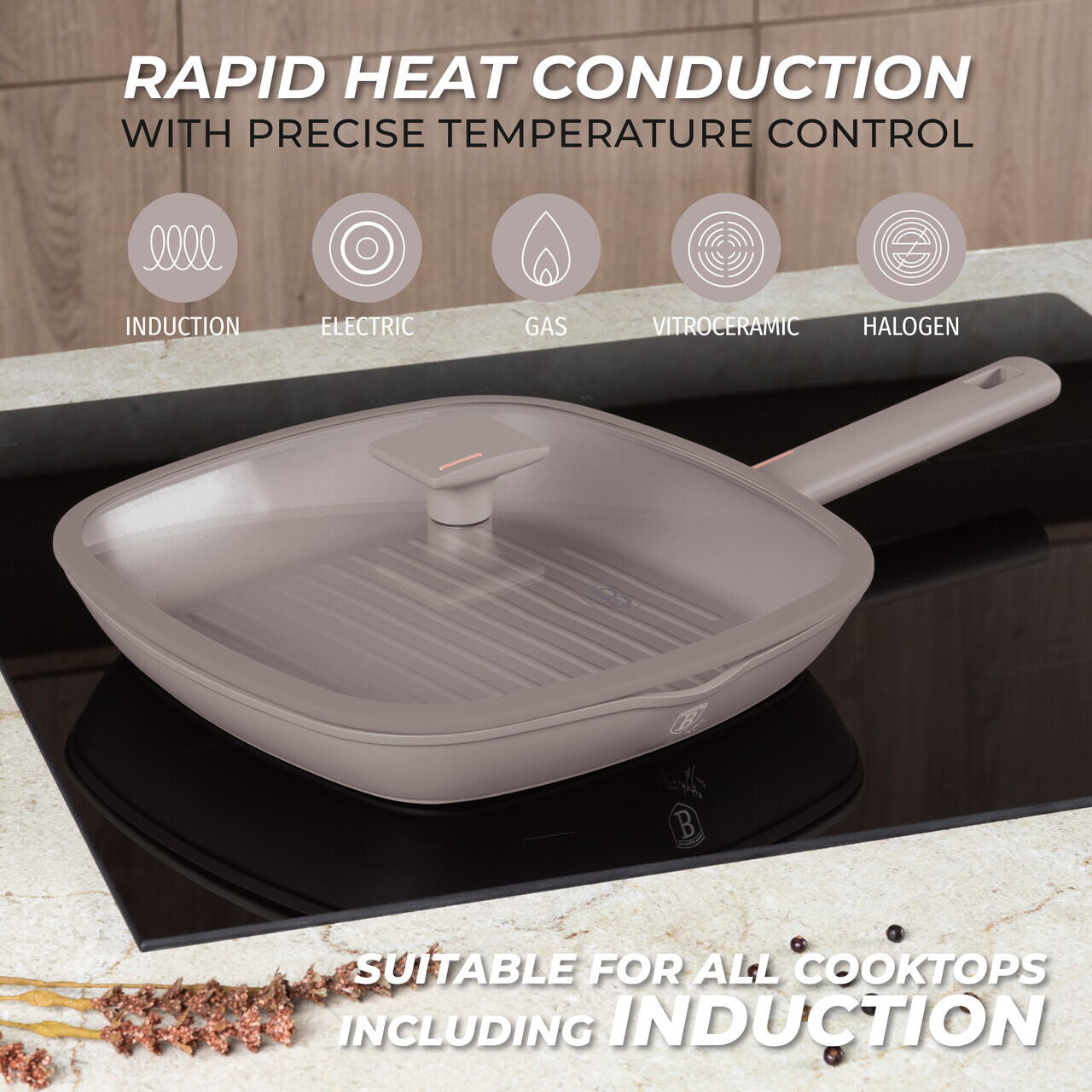 Tigaie grill cu capac Berlinger Haus, Taupe, 28 cm, 2.1 L, aluminiu forjat, taupe mat - imagine 13