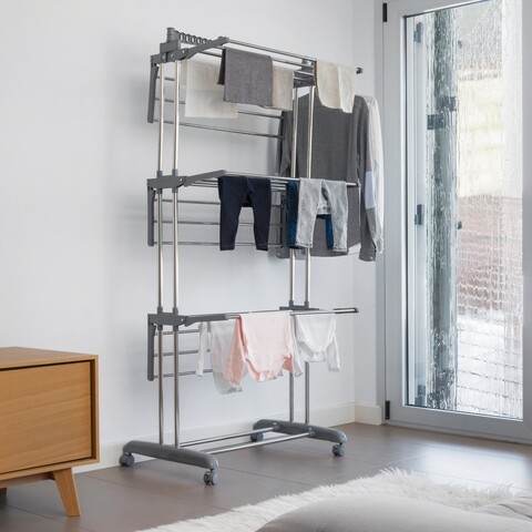 Uscator de rufe vertical, InnovaGoods, pliabil, cu roti, 75x67x173 cm, aluminiu/ABS