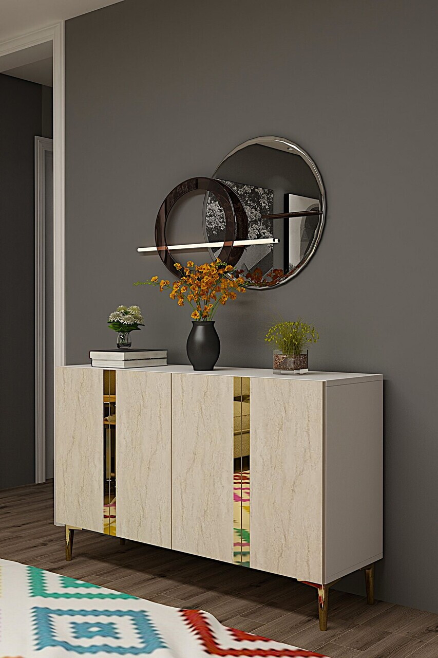 Consola, Hanah Home, Anka 120, 120x75x32 cm, PAL, White / Travertine / Gold — imaginea 2