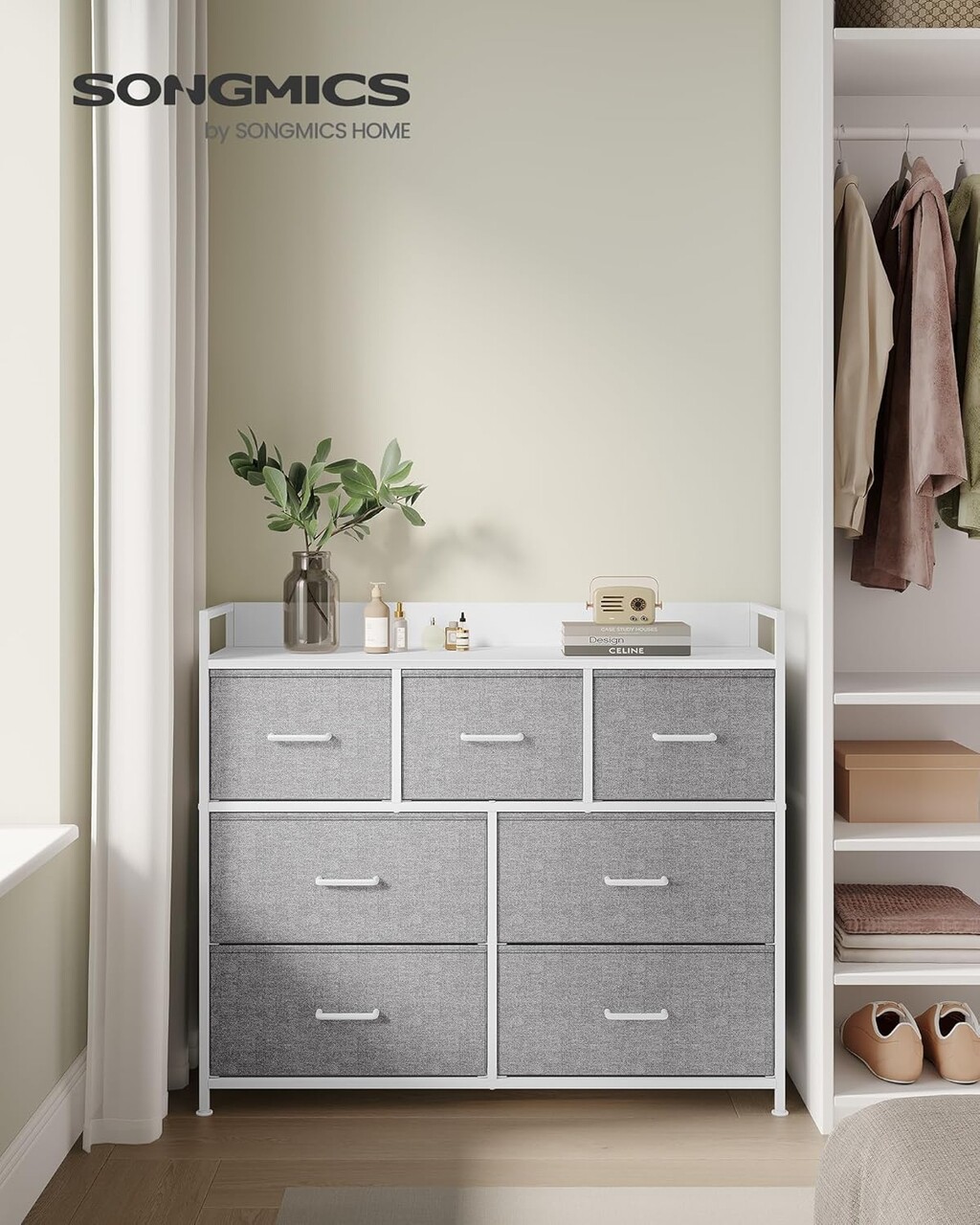 Comoda cu 7 sertare textile, Vasagle, 98x28.5x85 cm, max 71 kg, otel/material nesetut, gri - 1 | YEO