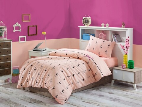 Lenjerie de pat pentru o persoana, eponj home, flamingo 143epj01615, 2 piese, amestec bumbac, roz/negru