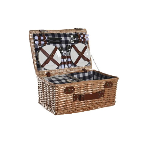 Cos de picnic pentru 4 persoane, DKD Home Deco, 48 x 32 x 22 cm, rachita, natural/albastru