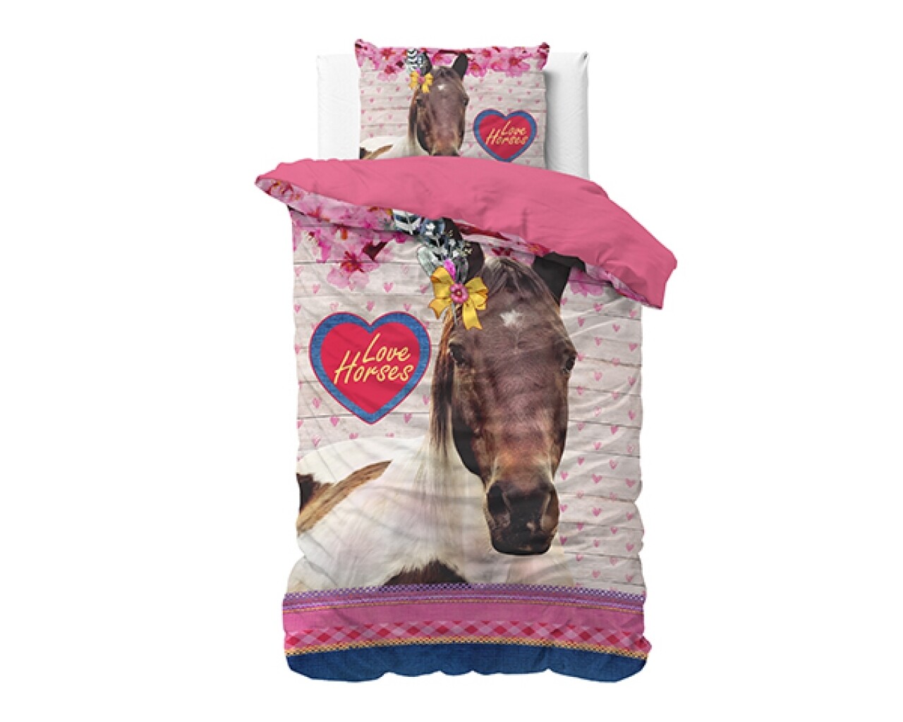 Lenjerie De Pat Pentru O Persoana, Love Horse Pink, Dreamhouse, 2 Piese, 100% Bumbac, Multicolora