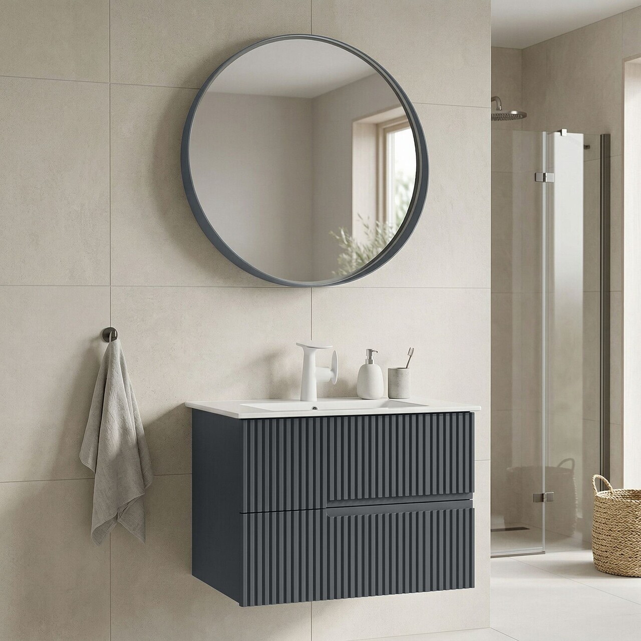 Set Dulap de Baie cu Chiuvetă și Oglindă (2 Piese), Hanah Home, Moonlight 70 v2, Antracit mat
