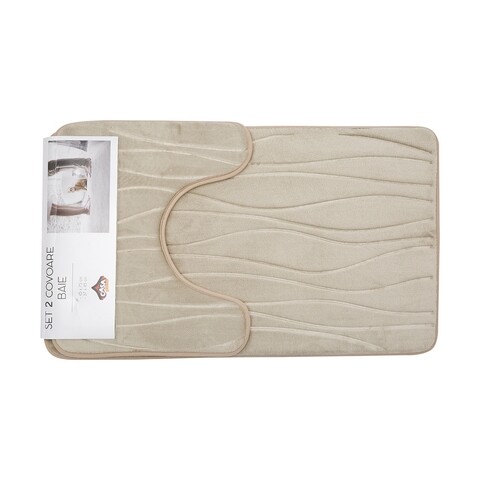 Set 2 covorase de baie, Casa Plastor, Waves, 45 x 73 cm, 37 x 45 cm, poliester/poliuretan/PVC, bej