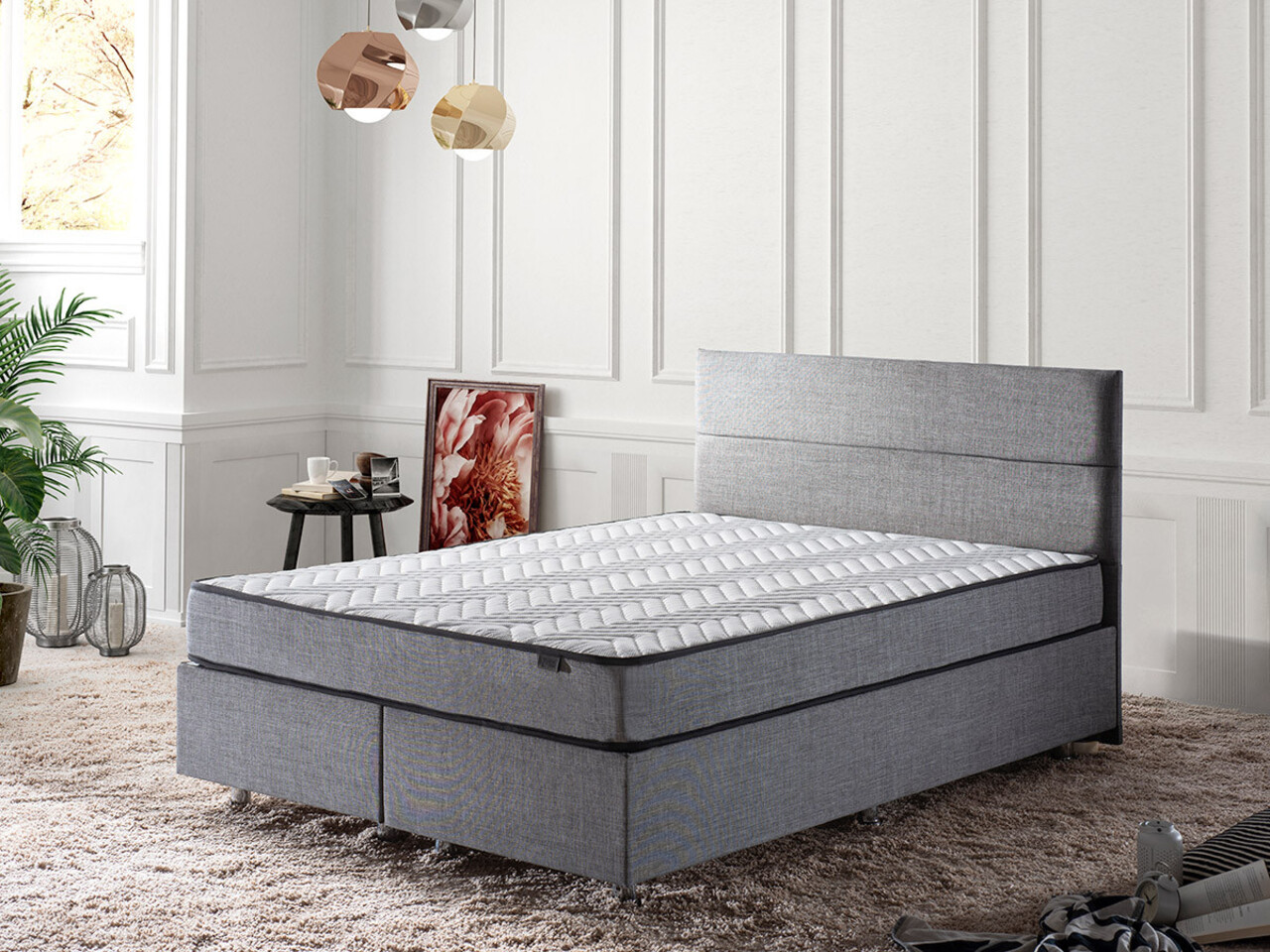Saltea dubla, Base & Headboard, Niron, Argintiu, 140x38x190 cm, Cadru: OȚEL, Gri - 1 | YEO