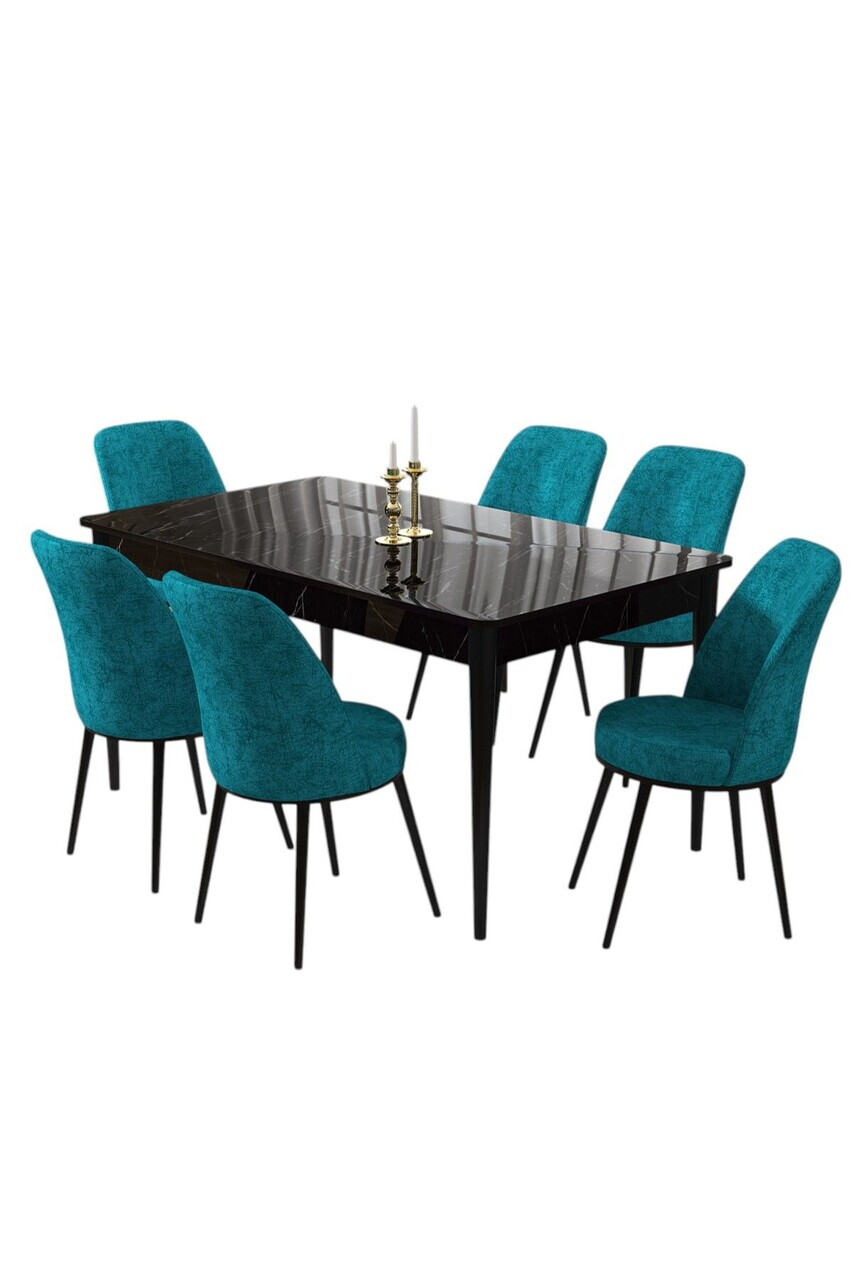 Set masa si scaune (7 piese), Hanah Home, Pir, Model de marmură neagră / turcoaz — imaginea 2