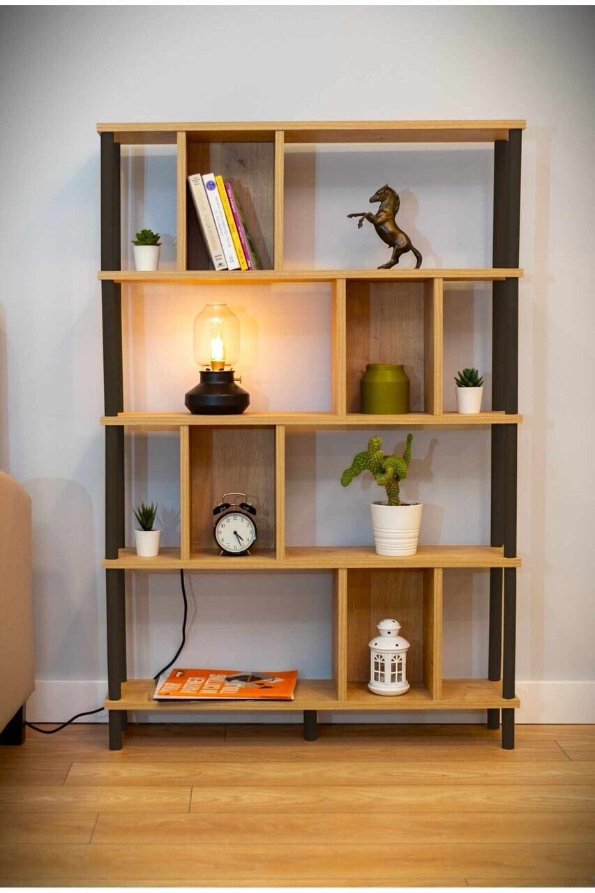 Corp biblioteca, Hanah Home, Peka-0045, 90x137x20 cm, PAL, Stejar / Negru — imaginea 2