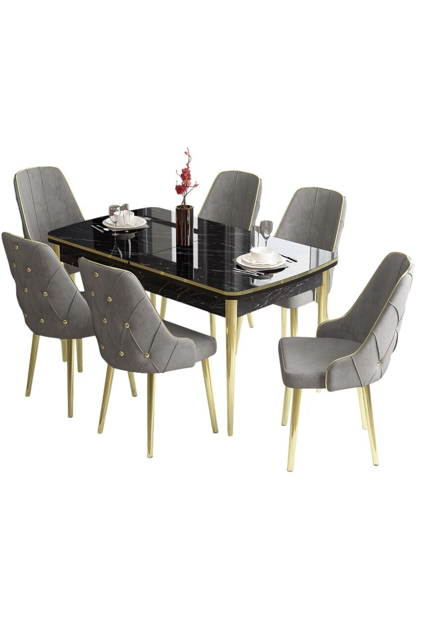 Set masa si scaune (7 piese), Hanah Home, Tia, Model de marmură neagră / Auriu / Gri — imaginea 2