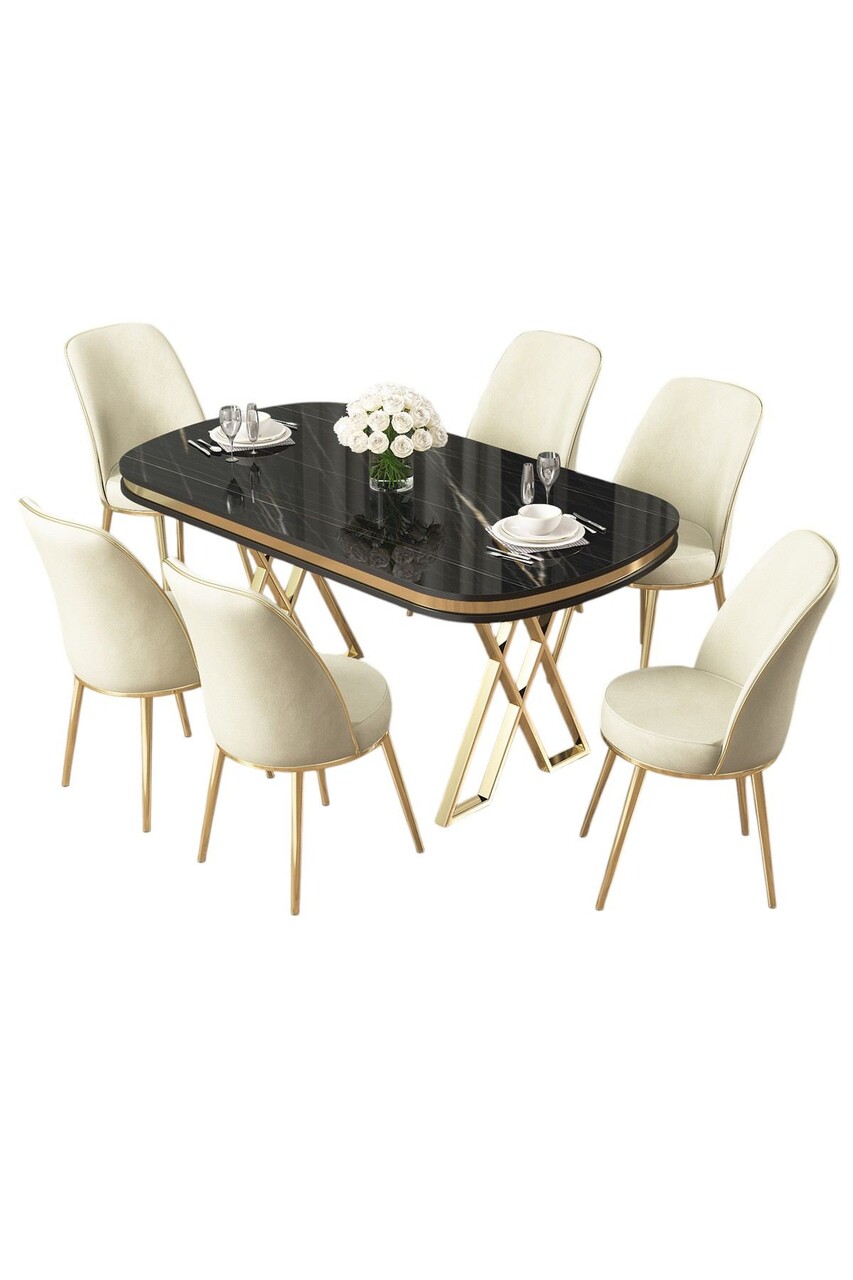 Set masă și scaune (7 piese), Hanah Home, Lai, Marmură neagră / Auriu / Crem - imagine 2
