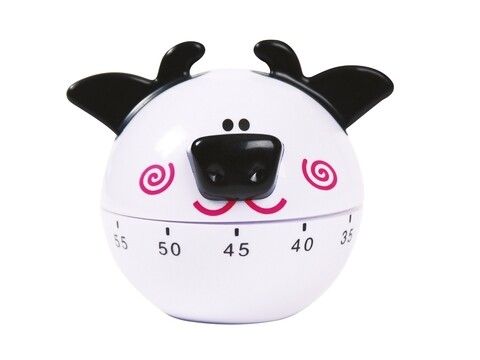 Timer mecanic pentru bacatarie, Happy Animals Cow, Excelsa, 7x7 cm, alb/negru