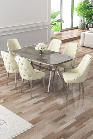 Set masa si scaune (7 piese), Hanah Home, Asel, Antracit / Crom / Crem
