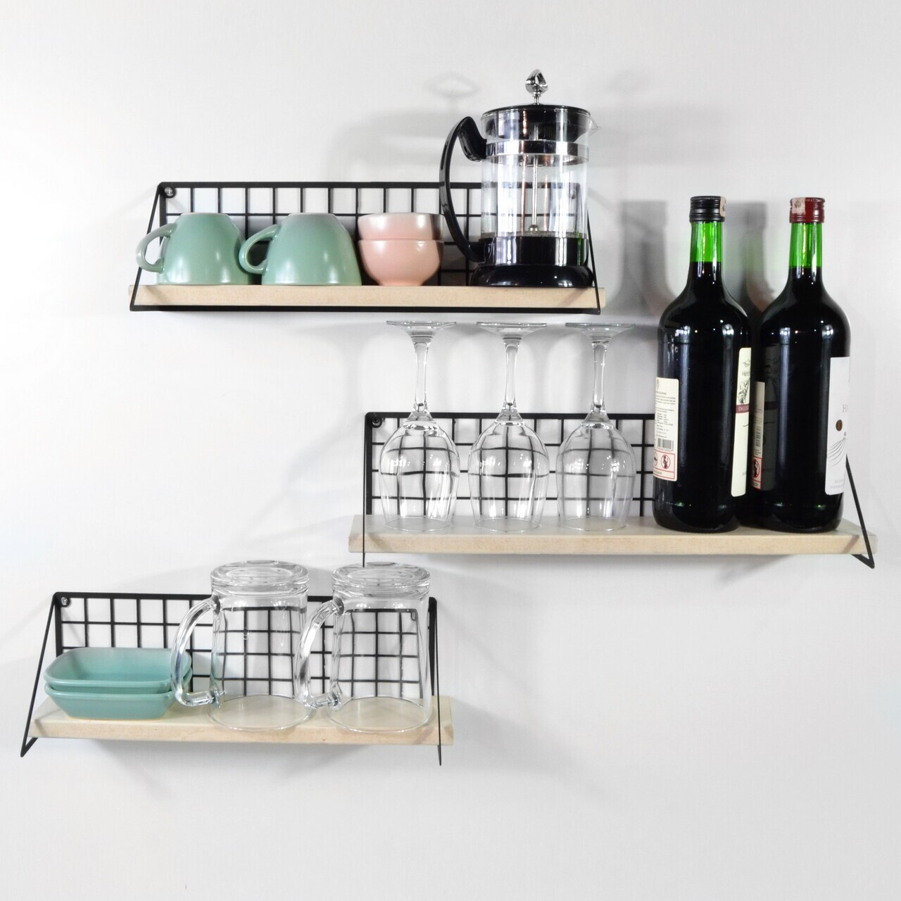 Set rafturi metalice de bucătărie (3 piese), Hanah Home, Wbask, Negru / Natural