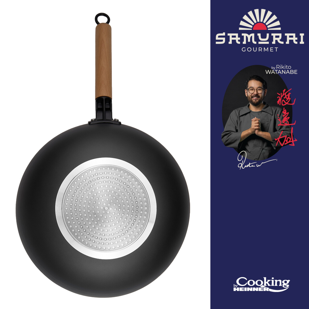 Tigaie Wok, Samurai Gourmet by Rikito Watanabe si Cooking by Heinner, 32x9 cm, aluminiu, negru/natur - imagine 4