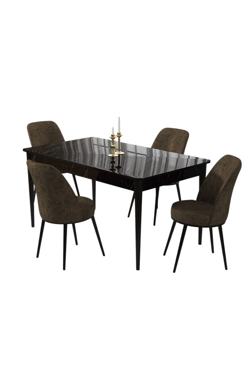 Set masa si scaune (5 piese), Hanah Home, Pir, Model de marmură neagră / Maro — imaginea 2