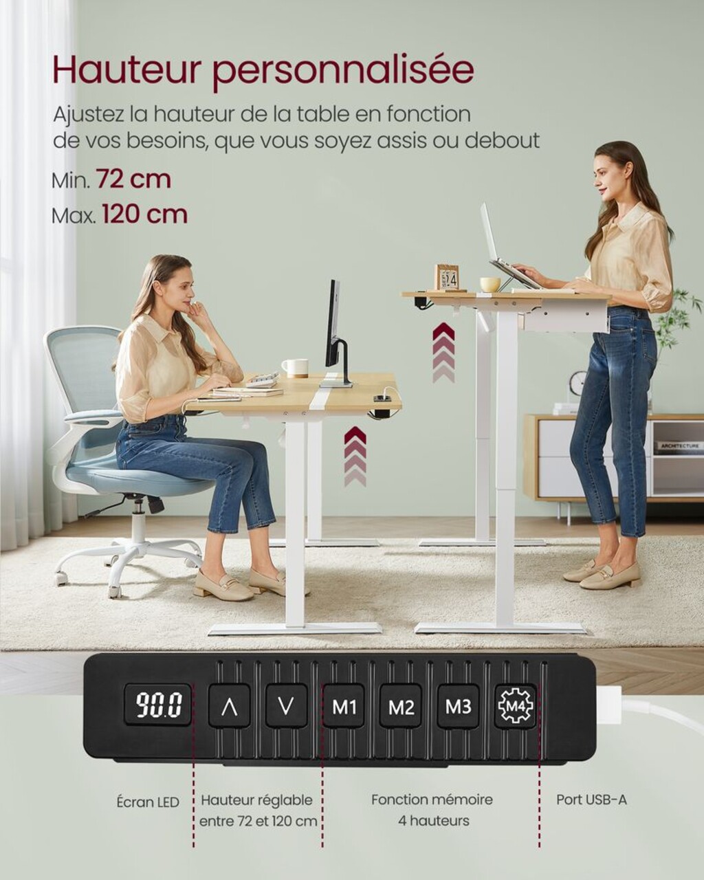 Birou electric cu inaltime ajustabila, Vasagle, 160x70x72-120 cm, PAL/otel, alb/natural - view 4