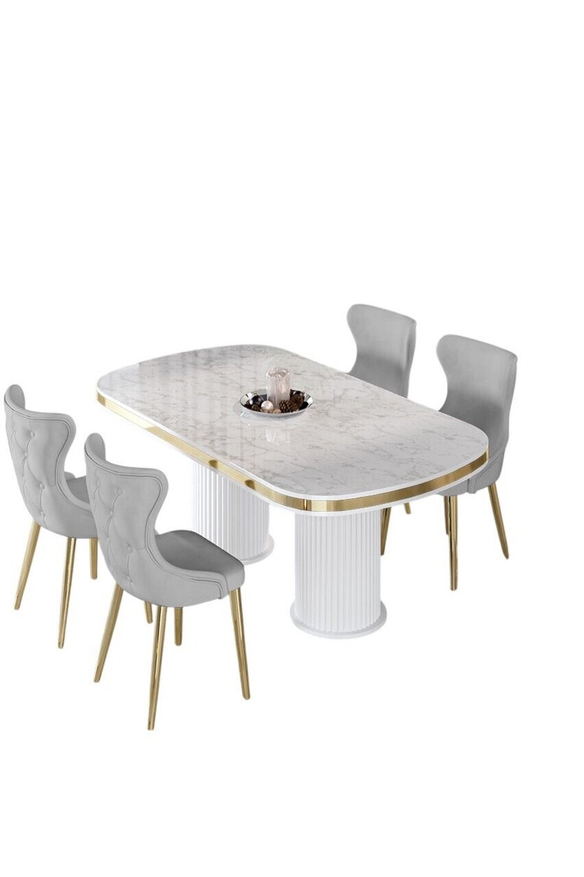 Set masa si scaune (5 piese), Hanah Home, Galya, Model de marmură albă / Auriu / Gri — imaginea 2