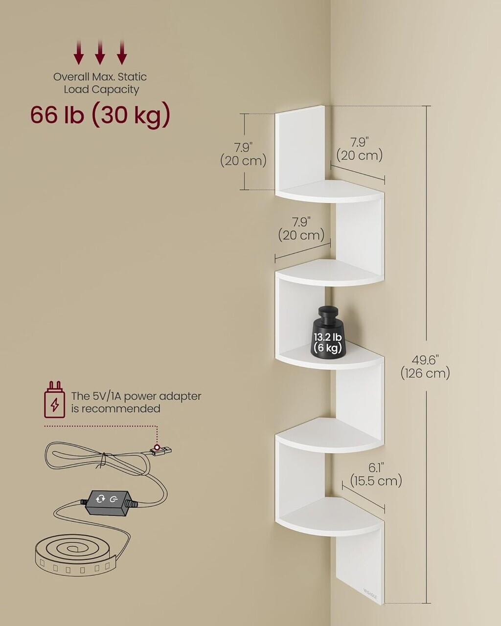 Etajera colt suspendata cu LED RGB, Vasagle, 5 niveluri, 20x20x126 cm, PAL, alb - imagine 2
