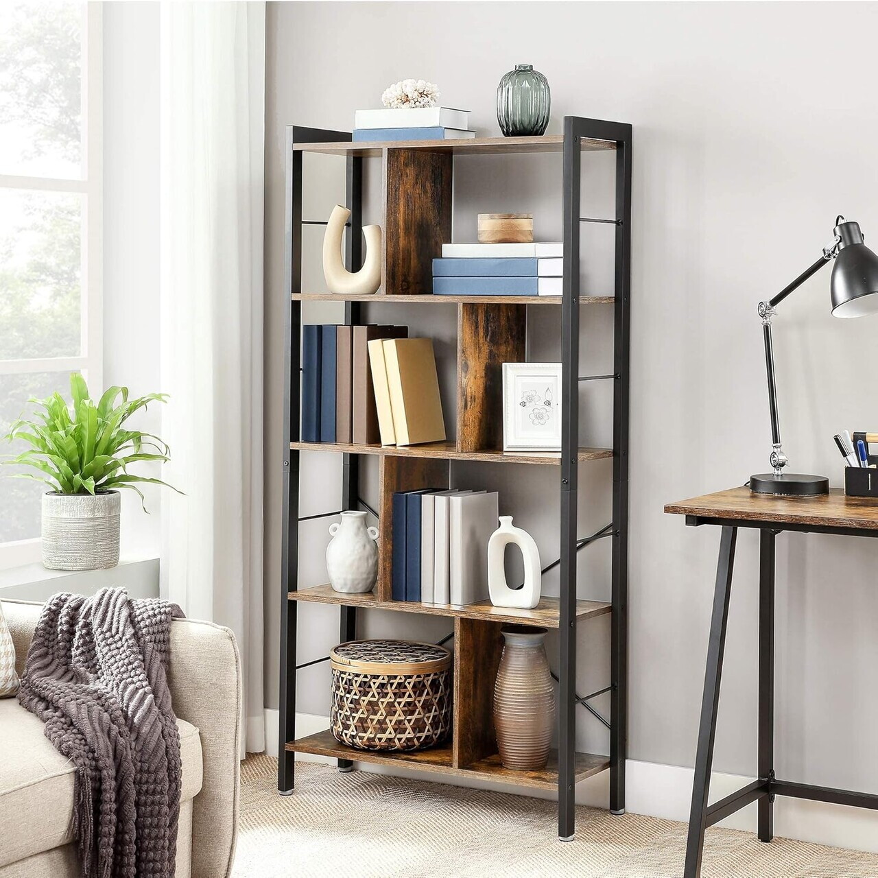 Biblioteca Alinru Vasagle 74 x 30 x 154.5 cm PAL/otel maro rustic