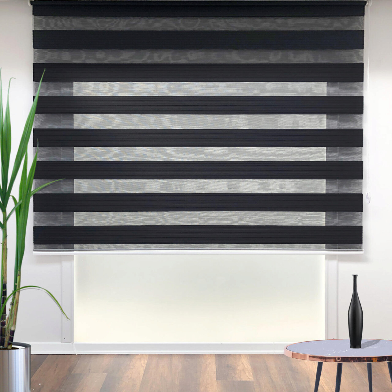 Jaluzea rulou zebra / roleta textila, Pliseli Day &amp; Night, 190x200 cm, poliester, negru