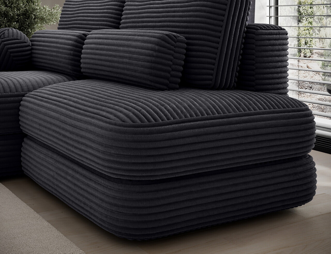 Coltar extensibil stanga 3 locuri ELTAP, Ripeli, 217x175x96 cm, lemn/catifea din poliester, negru — imaginea 8