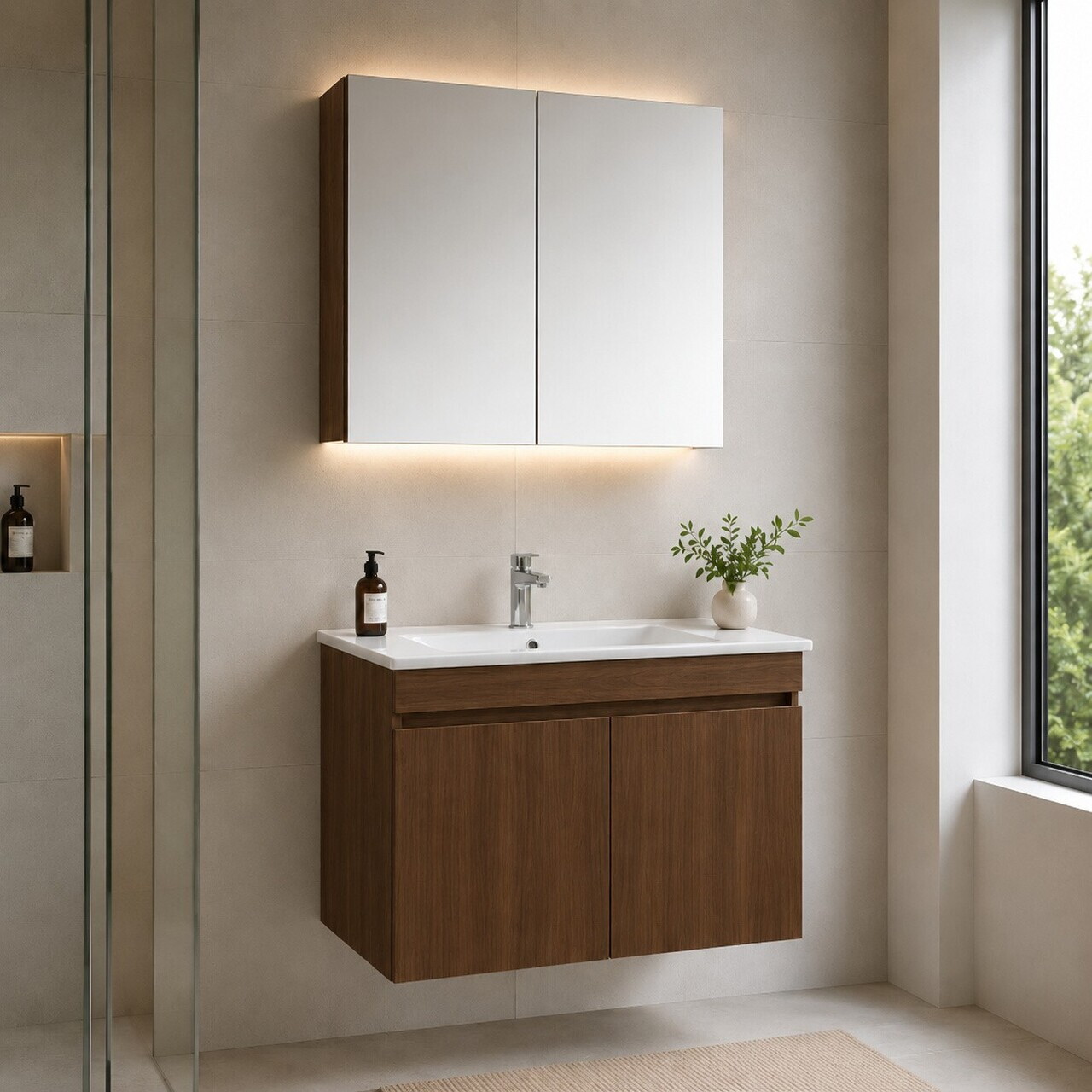 Set Dulap de Baie cu Chiuvetă și Oglindă (2 Piese), Hanah Home, Fold 80, Nuc închis nou