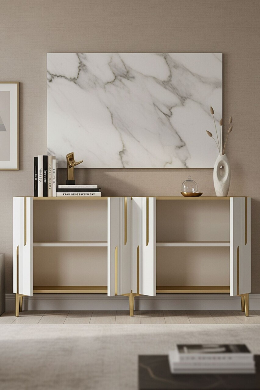 Consola, Hanah Home, Nota 150, 150x75x32 cm, Stejar Safir / Alb / Auriu — imaginea 3