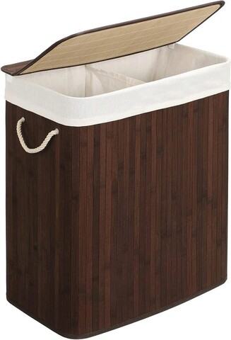 Cos de rufe, Songmics, 51.5 x 31.5 x 61.5 cm, 100 L, 2 compartimente, bambus, maro