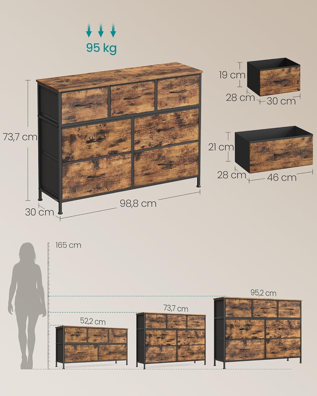 Comoda cu 7 sertare, Songmics, otel, 98.8x30x73.7 cm, maro rustic/negru - imagine 2