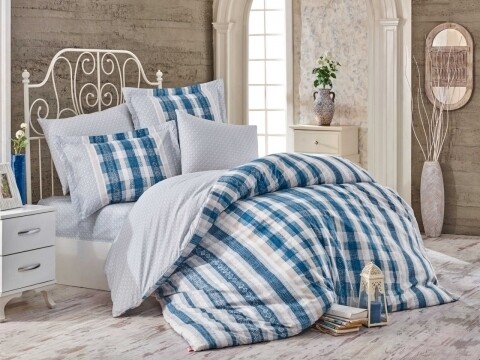 Lenjerie de pat dubla, 4 piese, 100% bumbac poplin, Hobby, Debora, alb/albastru