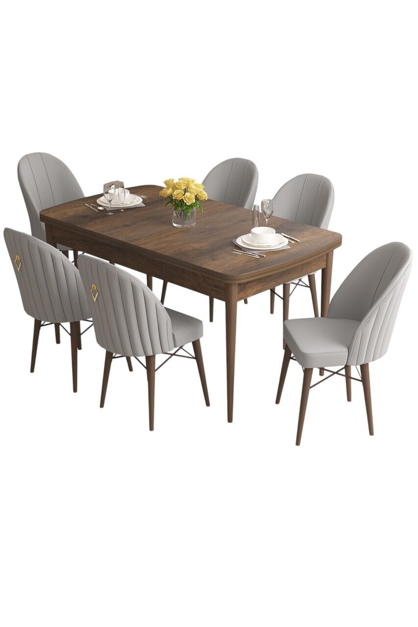 Set masa extensibila si scaune (7 piese), Hanah Home, Roz, Model baroc din lemn / Gri — imaginea 2