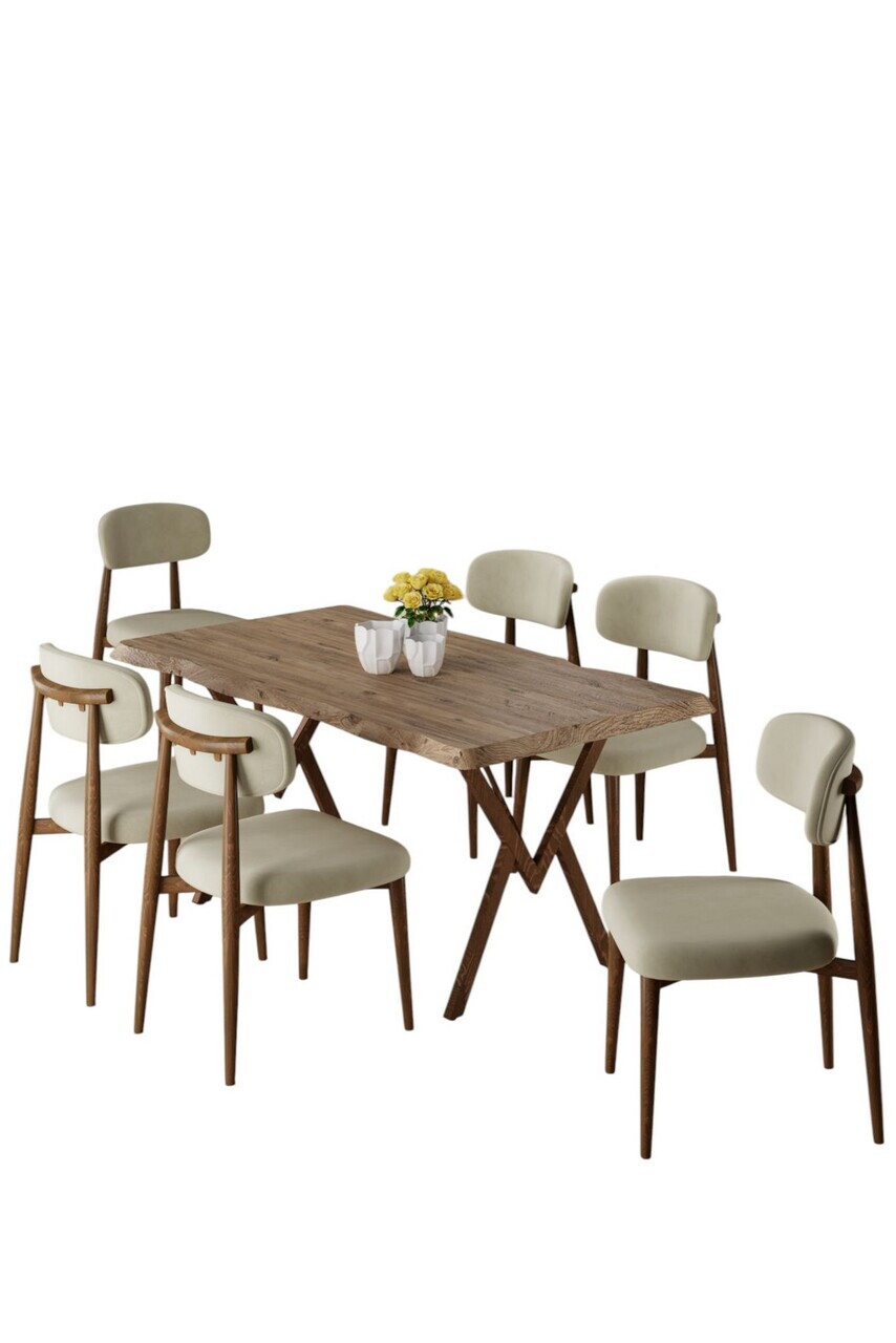 Set masa si scaune (7 piese), Hanah Home, Zerra, Pin / Aspect de lemn / Crem — imaginea 2