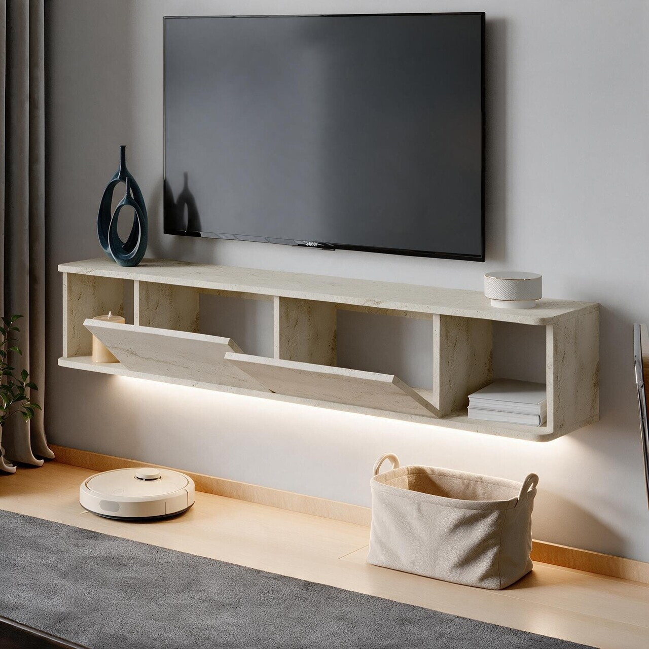Comoda TV, Hanah Home, Twist LED, 160x29x29 cm, Travertin — imaginea 3